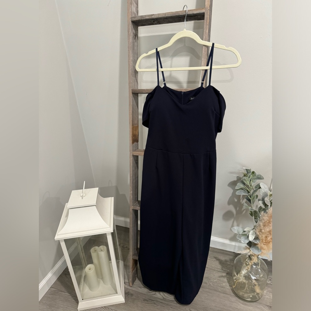 OFF THE SHOULDER NAVY JUMPSUIT WEDDING GUEST CROPPED LEGS